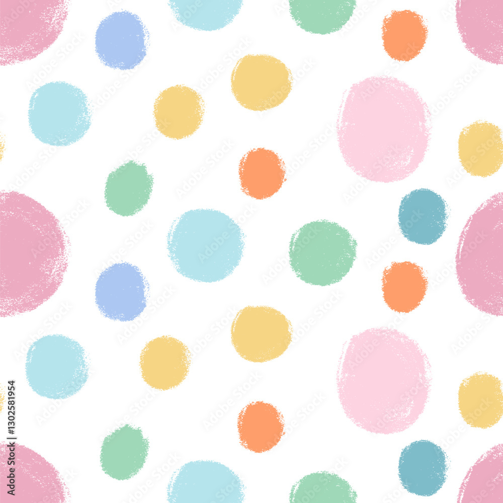 Polka dots abstract seamless pattern crayon drawn. Circular spots allover background. Round brush blobs repeat cover. Scribble oval elements marker draw. Vector surface design festive motif.