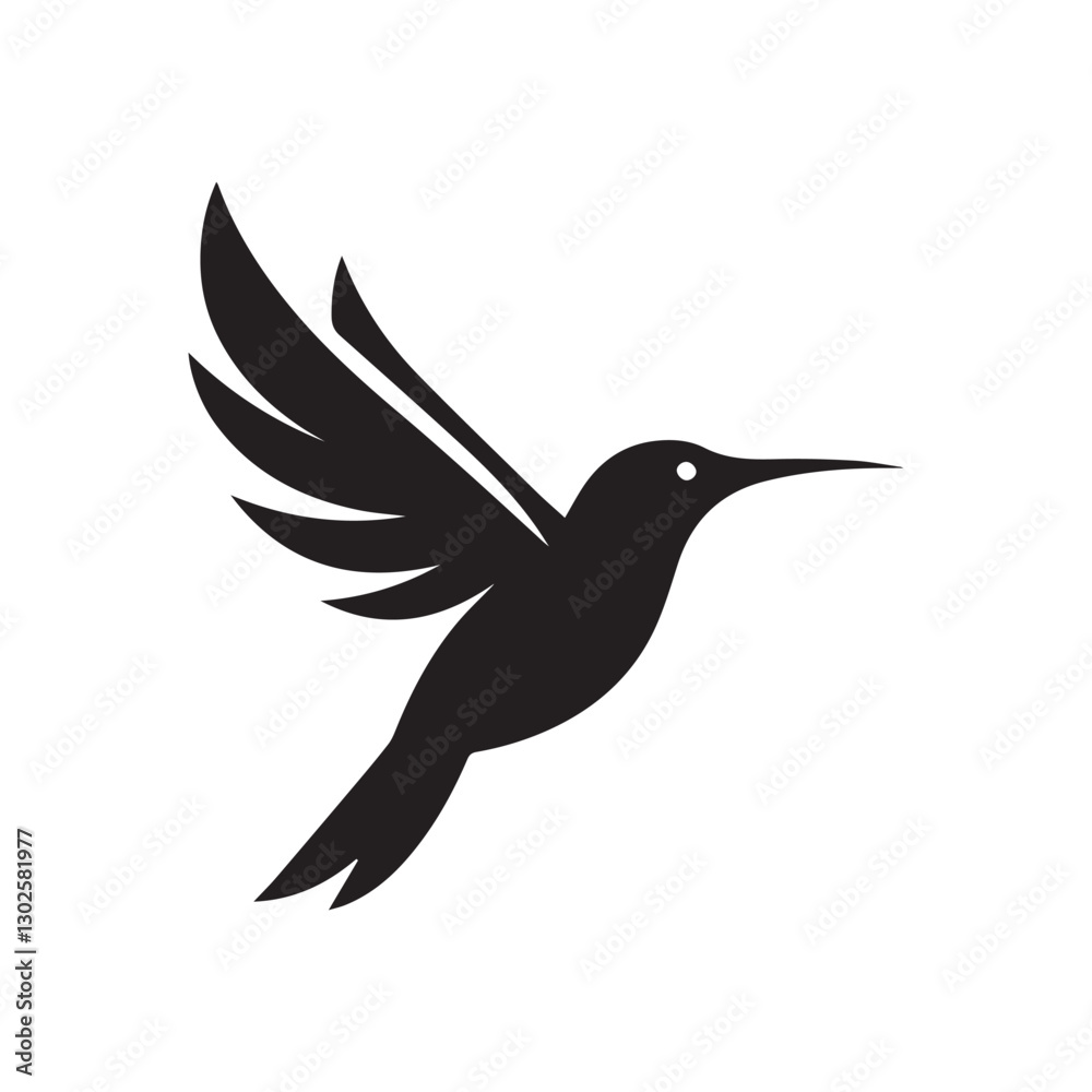 Obraz premium Abstract black and white bird illustration with a silhouette of a hummingbird, crow, and sparrow in flight, featuring wings, beak, and feathers in a simple, cute, and artistic design