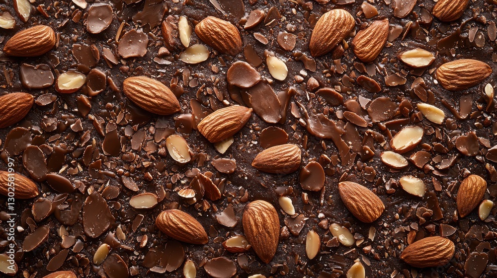 A close-up view of delicious chocolate and various nuts artfully arranged for a rich and indulgent treat experience A close-up view of delicious chocolate and various nuts artfully arranged for a rich and indulgent treat experience