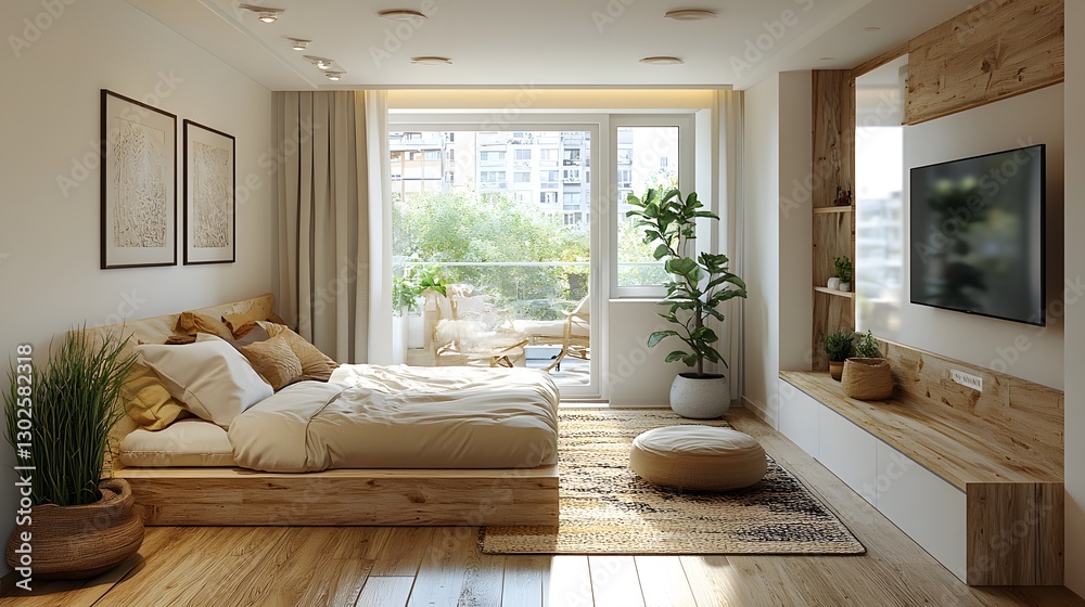 Fototapeta premium 3D compact studio apartment with built-in furniture, neutral colors, and an airy feel