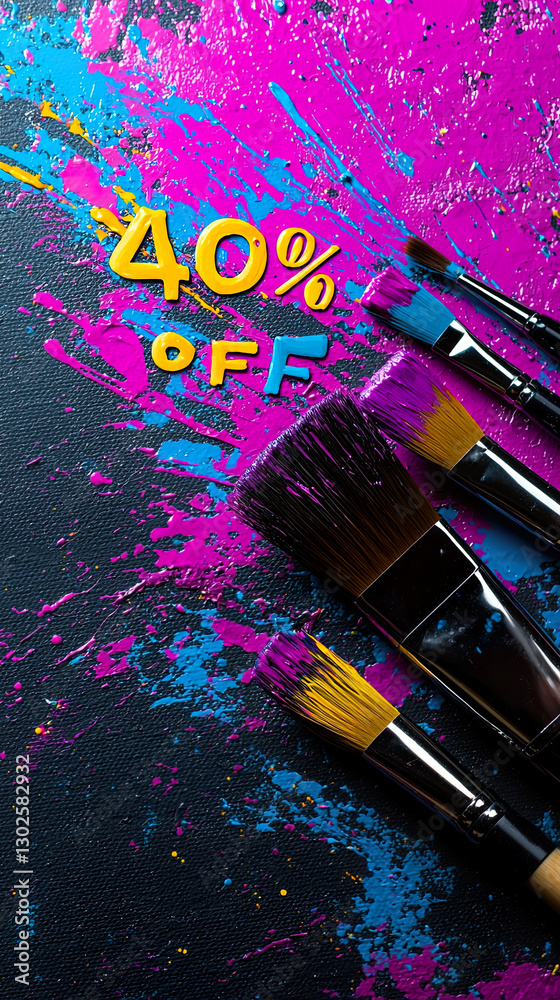 Fototapeta premium Art Supply Weekend Sale Banner with 40% Off Paint-Splatter Text 