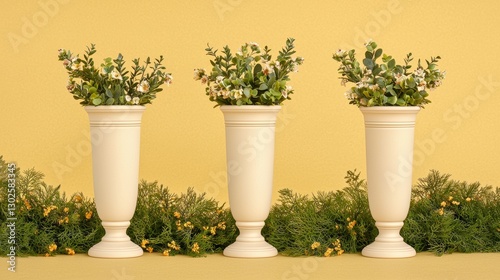 Wallpaper Mural Elegant Floral Arrangements in Cream Vases Against a Vibrant Yellow Background Torontodigital.ca