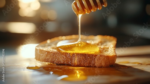 Drizzling honey onto toast, with a minimalist kitchen background softly blurred