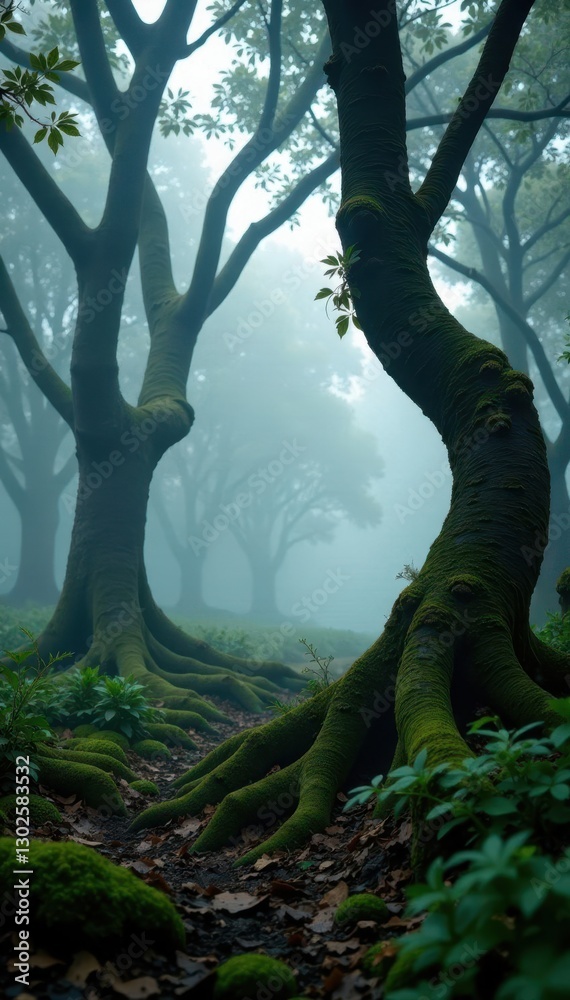 Foggy forest with twisted tree trunks and moss, ancient secrets, wildness, mysticism Foggy forest with twisted tree trunks and moss, ancient secrets, wildness, mysticism