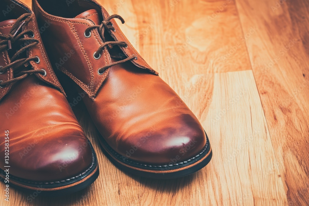 Elegant Brown Leather Dress Shoes on Wooden Floor in Warm Indoor Environment Elegant Brown Leather Dress Shoes on Wooden Floor in Warm Indoor Environment