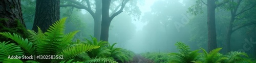 Fog-shrouded ferns sway gently in windless forest air, vegetation, foggy forest, natural