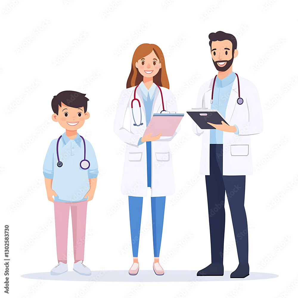 Healthcare professionals assisting a child in a clinic illustration friendly atmosphere bright colors Healthcare professionals assisting a child in a clinic illustration friendly atmosphere bright colors