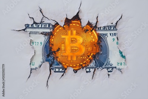 Burning Bitcoin Symbol Breaking Through a Torn  Dollar Bill, Representing Cryptocurrency Disruption, Financial Transition, and Economic Uncertainty