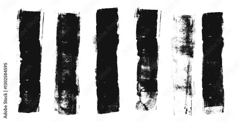 Straight thick grunge underlines. Linocut rolled brush stroke set. Handmade ink rectangle rough stamps. Vector black paint lines shapes. Dry marker or brayer smear textures. Distressed figures.