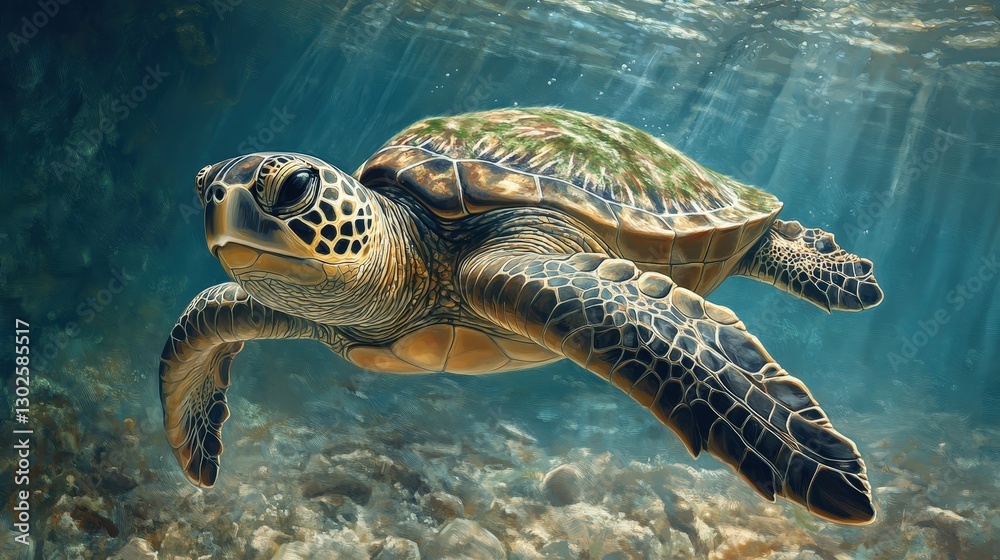Obraz premium A graceful sea turtle glides through ocean waves, its light brown shell adorned with striking black and white patterns, head turned to the right in serene motion