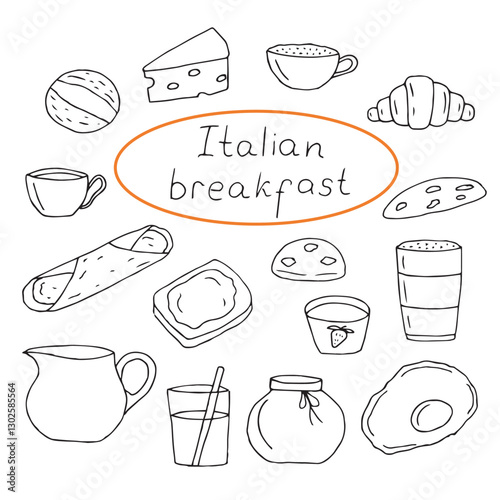 Italian breakfast doodle set, hand drawing, vector illustration