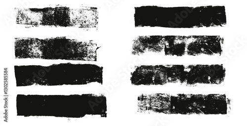 Straight thick grunge underlines. Linocut rolled brush stroke set. Handmade ink rectangle rough stamps. Vector black paint lines shapes. Dry marker or brayer smear textures Modern wide figures