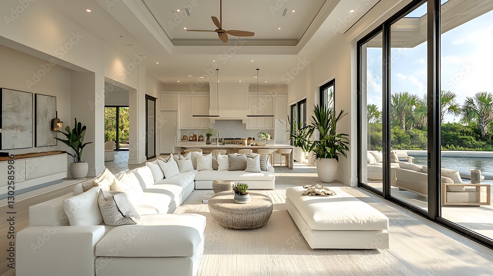 Fototapeta premium 3D open-plan coastal home with panoramic ocean views, neutral-toned decor, and seamless indoor-outdoor living