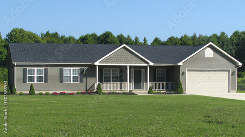Grey Ranch Style House with Green Lawn