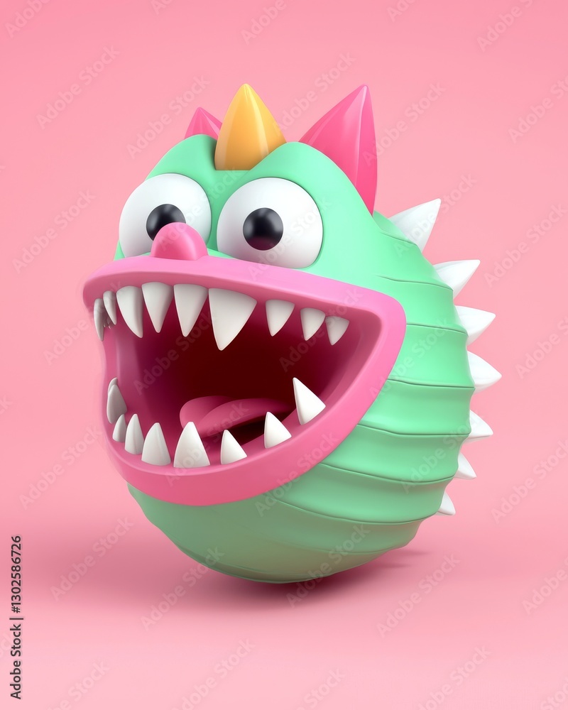 Naklejka premium Playful Colorful Monster Illustration with Big Eyes and Sharp Teeth on Pink Background