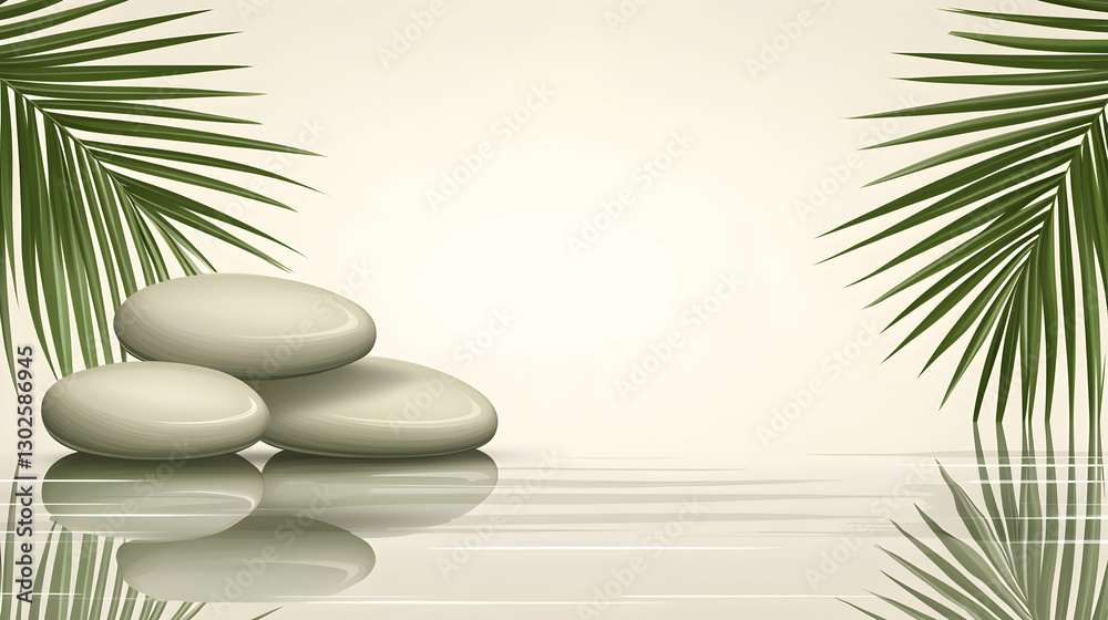 Serene Spa Scene with White Stones and Palm Leaves Serene Spa Scene with White Stones and Palm Leaves