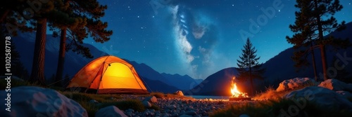 Campsite under a canopy of stars with twinkling lights, camping, fabric