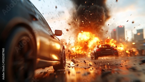 High-speed car chase through city streets amidst a massive explosion