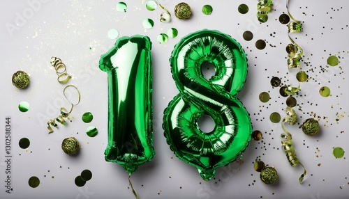 Green balloon number 18 for eighteenth birthday or anniversary party. White background with confetti