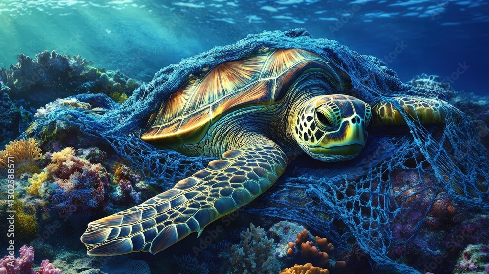 Fototapeta premium A serene sea turtle lies gracefully on its side, its head resting atop its shell beneath clear blue waters. Gentle waves lap around its sleek form, creating a tranquil underwater scene