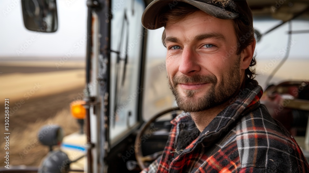 Smiling young caucasian farmer in cap posing in open door of tractor on agricultural field Smiling young caucasian farmer in cap posing in open door of tractor on agricultural field