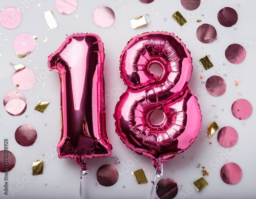 Pink balloon number 18 for eighteenth birthday or anniversary party. White background with confetti