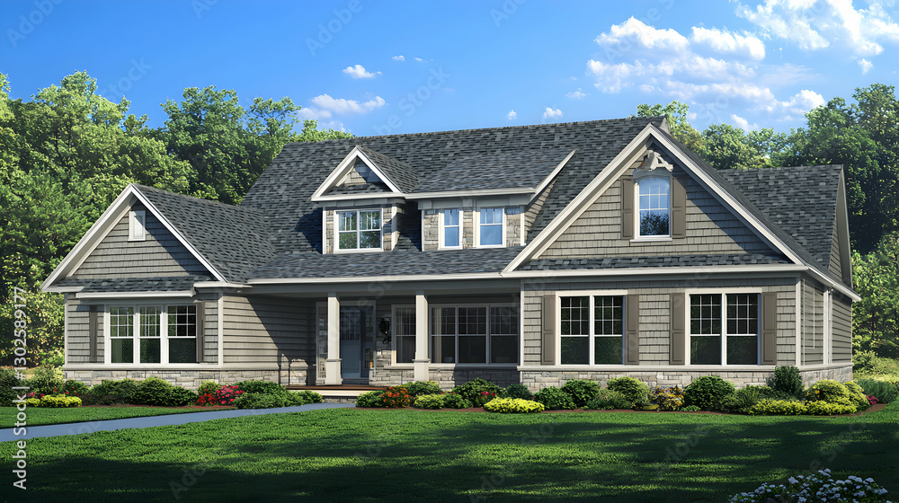 Grey Two Story House with Landscaping and Trees Grey Two Story House with Landscaping and Trees