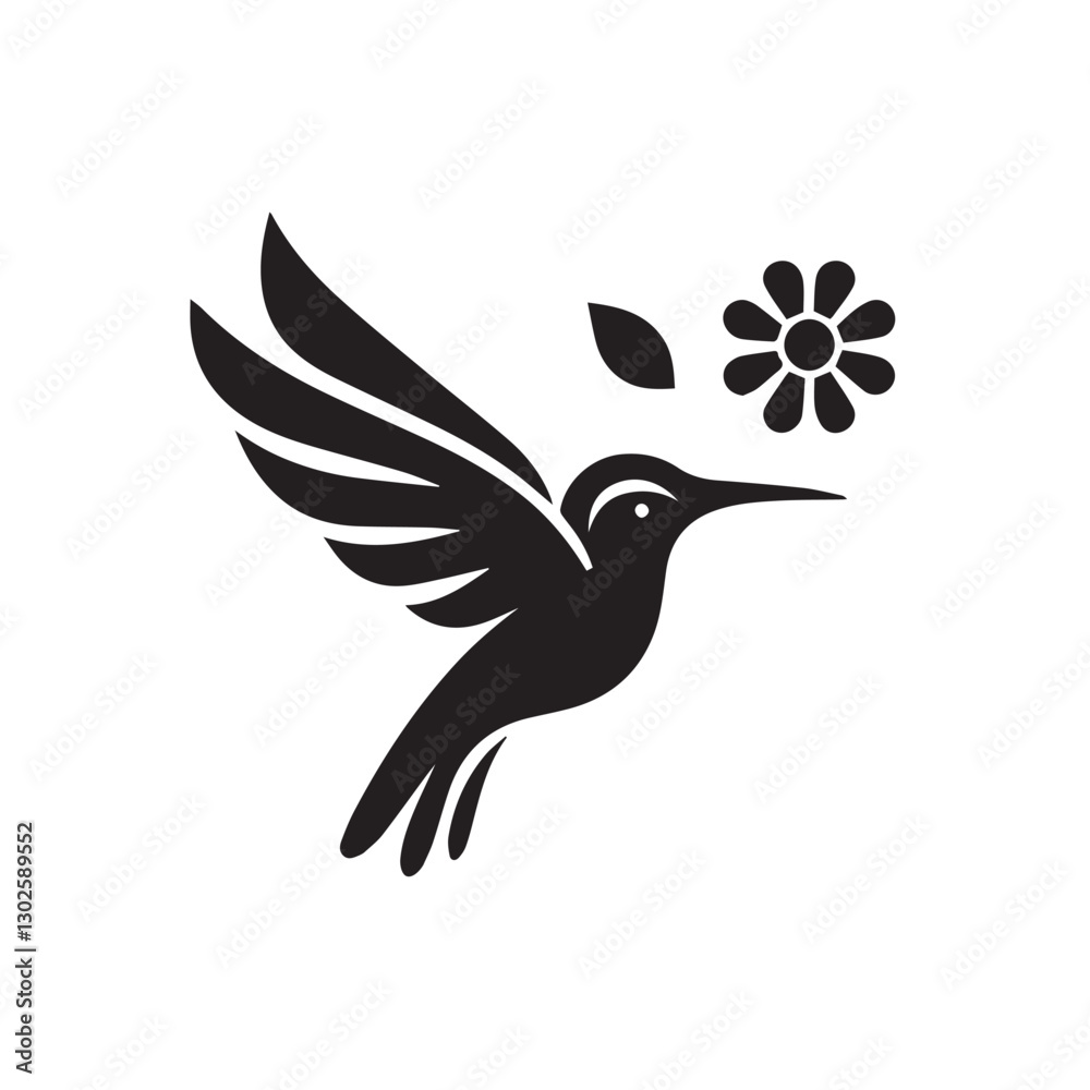 Fototapeta premium Abstract black and white bird illustration with a silhouette of a hummingbird, crow, and sparrow in flight, featuring wings, beak, and feathers in a simple, cute, and artistic design