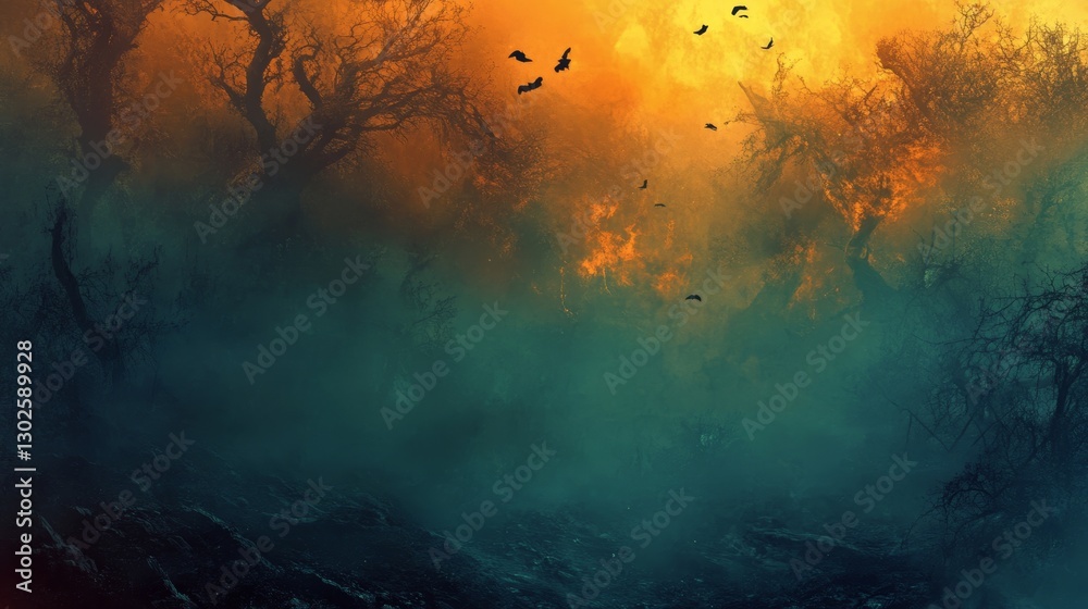 Obraz premium Eerie Halloween Night in a Misty Forest: Spooky Bats and Orange Glow