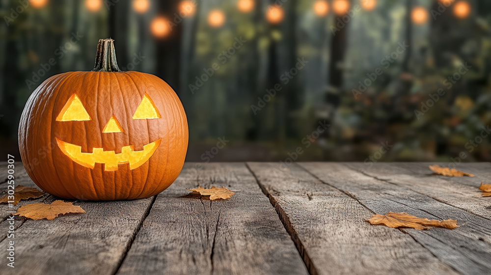 Fototapeta premium glowing pumpkin on wooden table, surrounded by autumn leaves, evokes Halloween spirit