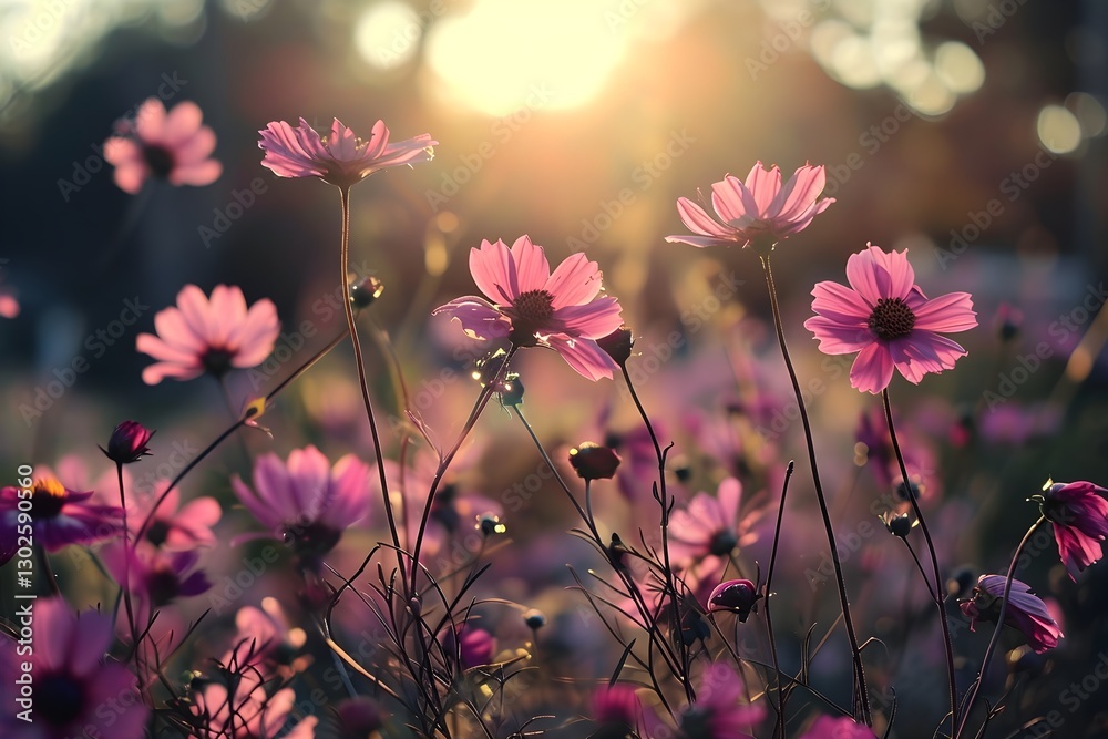 Fototapeta premium Blooming Cosmos: Captivating view of delicate cosmos flowers, bathed in the warm glow of the setting sun, evokes feelings of serenity and appreciation for natural beauty.