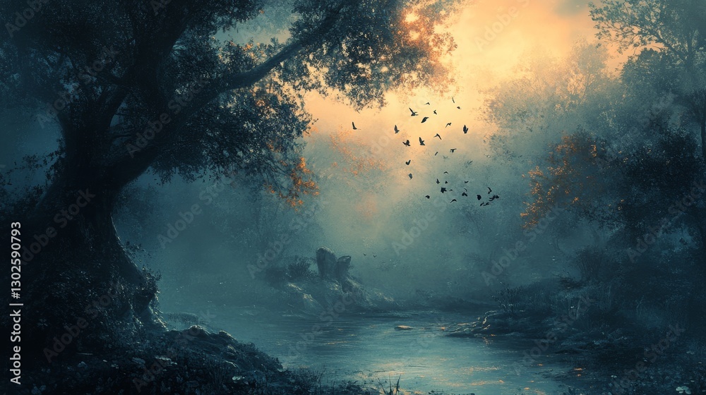 Naklejka premium Mystical Dawn: A Serene Forest River