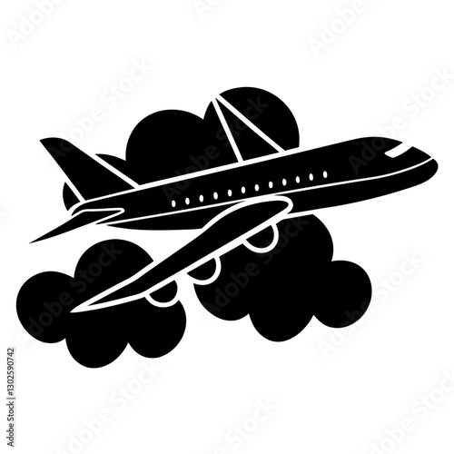 Silhouette of an Airplane Flying Through Clouds - Aviation Travel Vector

