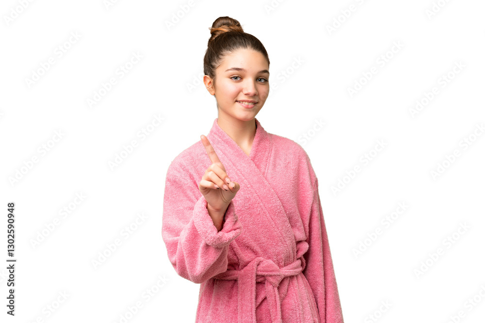 Teenager girl in a bathrobe over isolated chroma key background showing and lifting a finger Teenager girl in a bathrobe over isolated chroma key background showing and lifting a finger