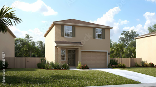Two Story Tan House with Brown Roof and Landscaping