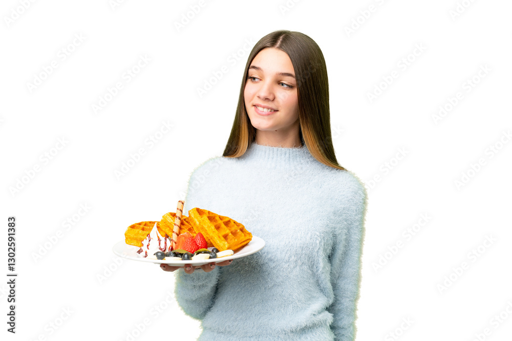 Teenager girl holding waffles over isolated chroma key background looking to the side and smiling Teenager girl holding waffles over isolated chroma key background looking to the side and smiling
