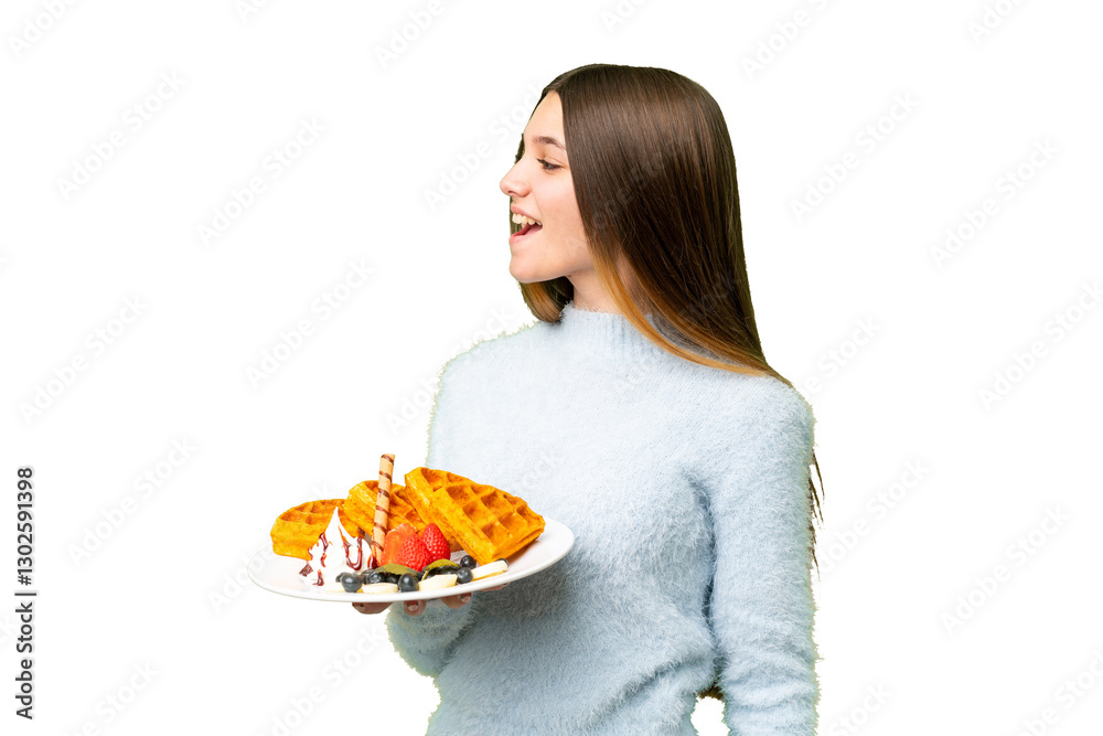 Teenager girl holding waffles over isolated chroma key background laughing in lateral position Teenager girl holding waffles over isolated chroma key background laughing in lateral position