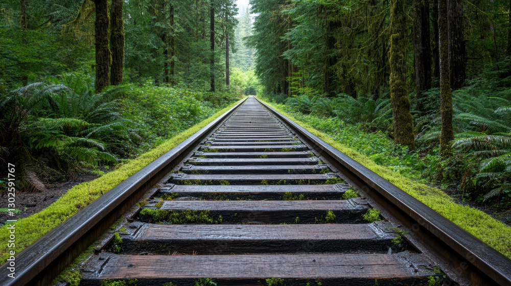 Fototapeta premium long forgotten railway track surrounded by lush green forest and moss