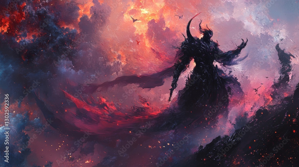 Fototapeta premium Dark Lord Ascends: A fiery, apocalyptic digital painting of a horned, imposing figure dominating a crimson, smoke-filled landscape.