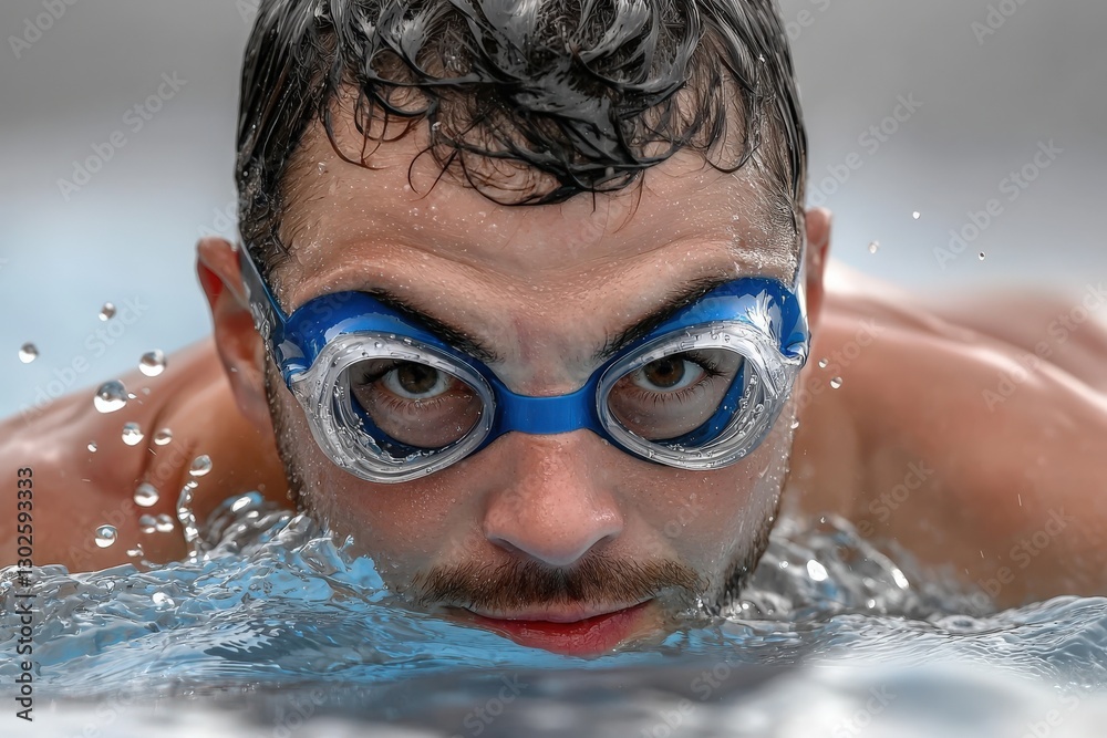 Naklejka premium Swimming - A swimmer captured mid-stroke in crystal-clear water, emphasizing technique and movement.