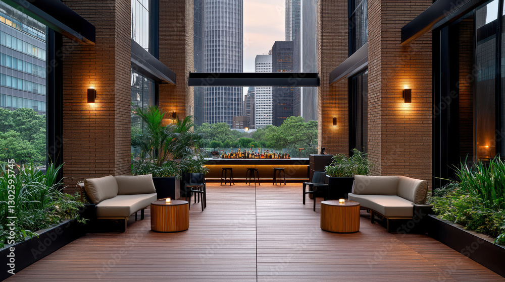 Fototapeta premium Modern outdoor lounge area with seating and city skyline view