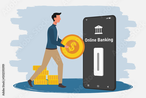 Businessman holding coins for saving. Financial transactions through online banking application on smartphone concept.