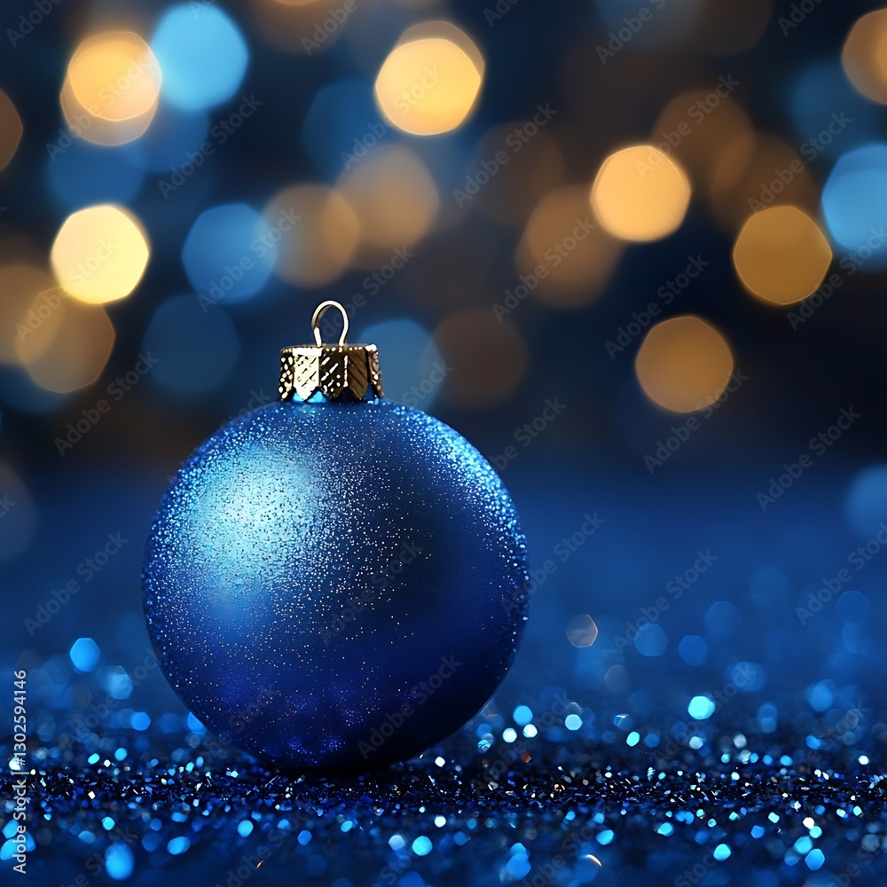 Blue Ornament Sparkles on Glittery Table Blue Ornament Sparkles on Glittery Table