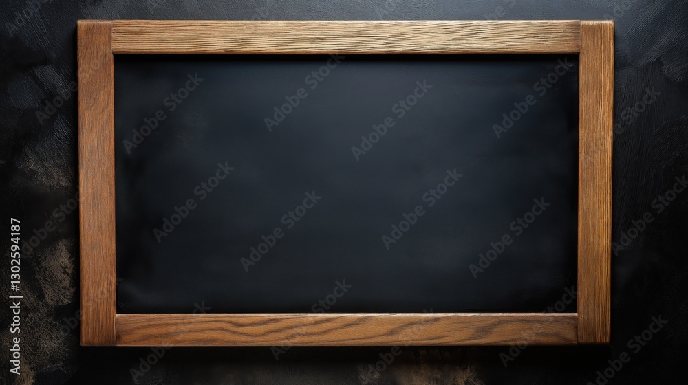 Empty matte black chalkboard with wooden frame on dark textured background Empty matte black chalkboard with wooden frame on dark textured background