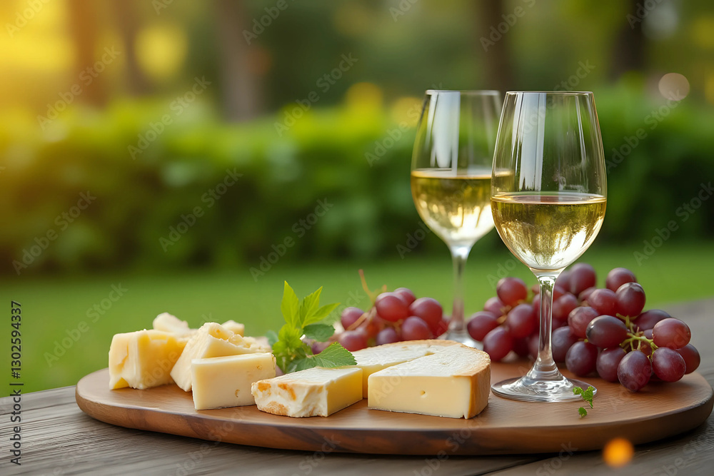 Two glasses of white wine and a wooden plate with cheese and grapes served outside Two glasses of white wine and a wooden plate with cheese and grapes served outside