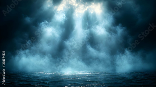 Dark Blue Foggy Ocean Scene With Dramatic Lighting