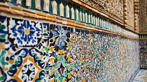 A close-up of intricate colorful floral tilework with geometric borders 