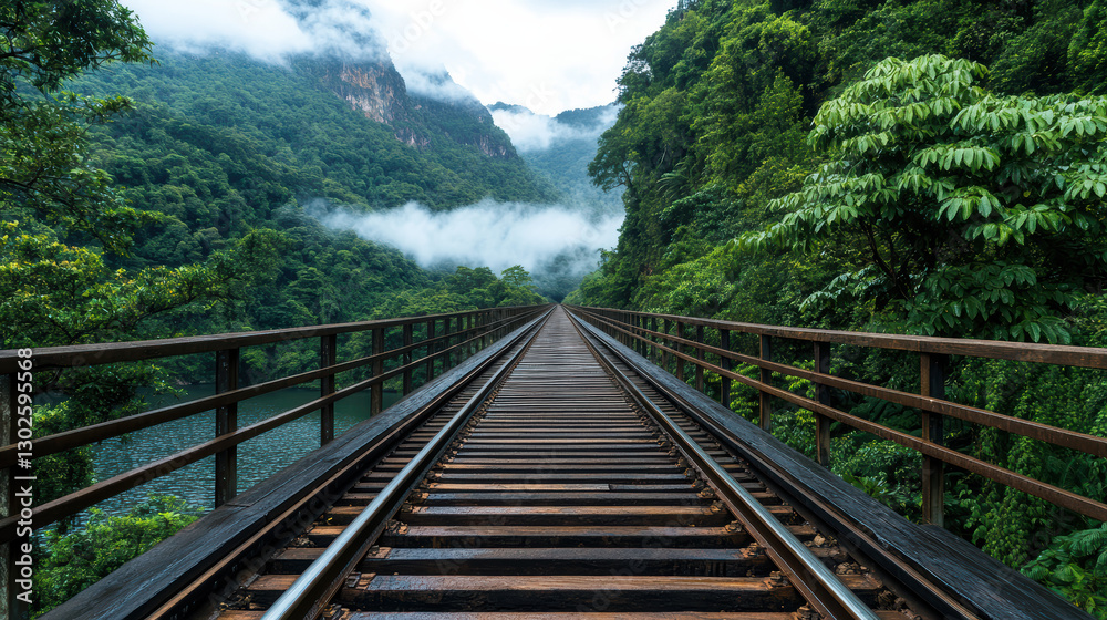 Fototapeta premium railway track stretches through lush green landscape, surrounded by mountains and mist