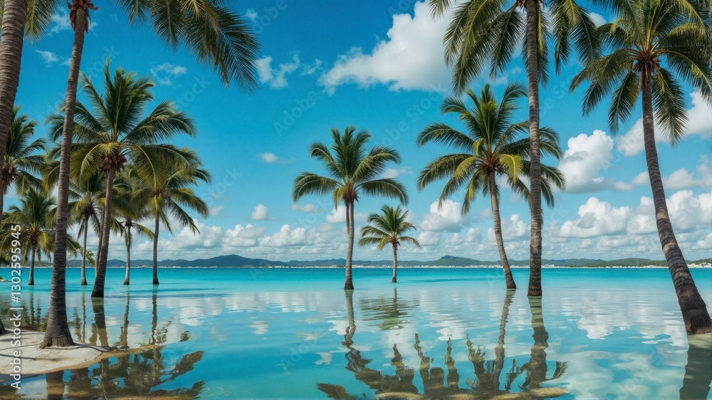A beautiful tropical beach with palm trees and a blue ocean A beautiful tropical beach with palm trees and a blue ocean