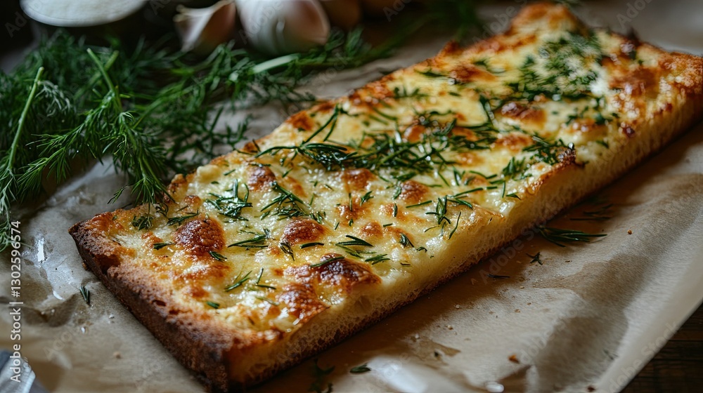 A slice of buttery garlic bread with herbs. A slice of buttery garlic bread with herbs.